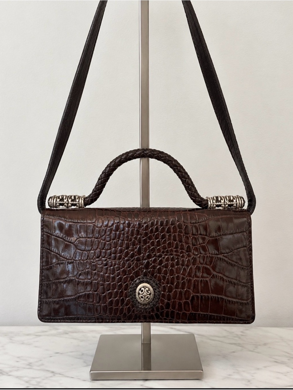 Brighton Dark Brown Croc-Embossed Leather Crossbody Bag with Braided Top Handle